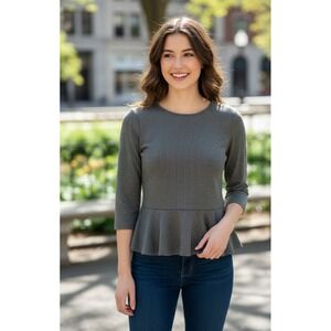 Lauren Ralph Lauren Peplum Top Womens Medium Gray Knit Herringbone‎ Keyhole Back